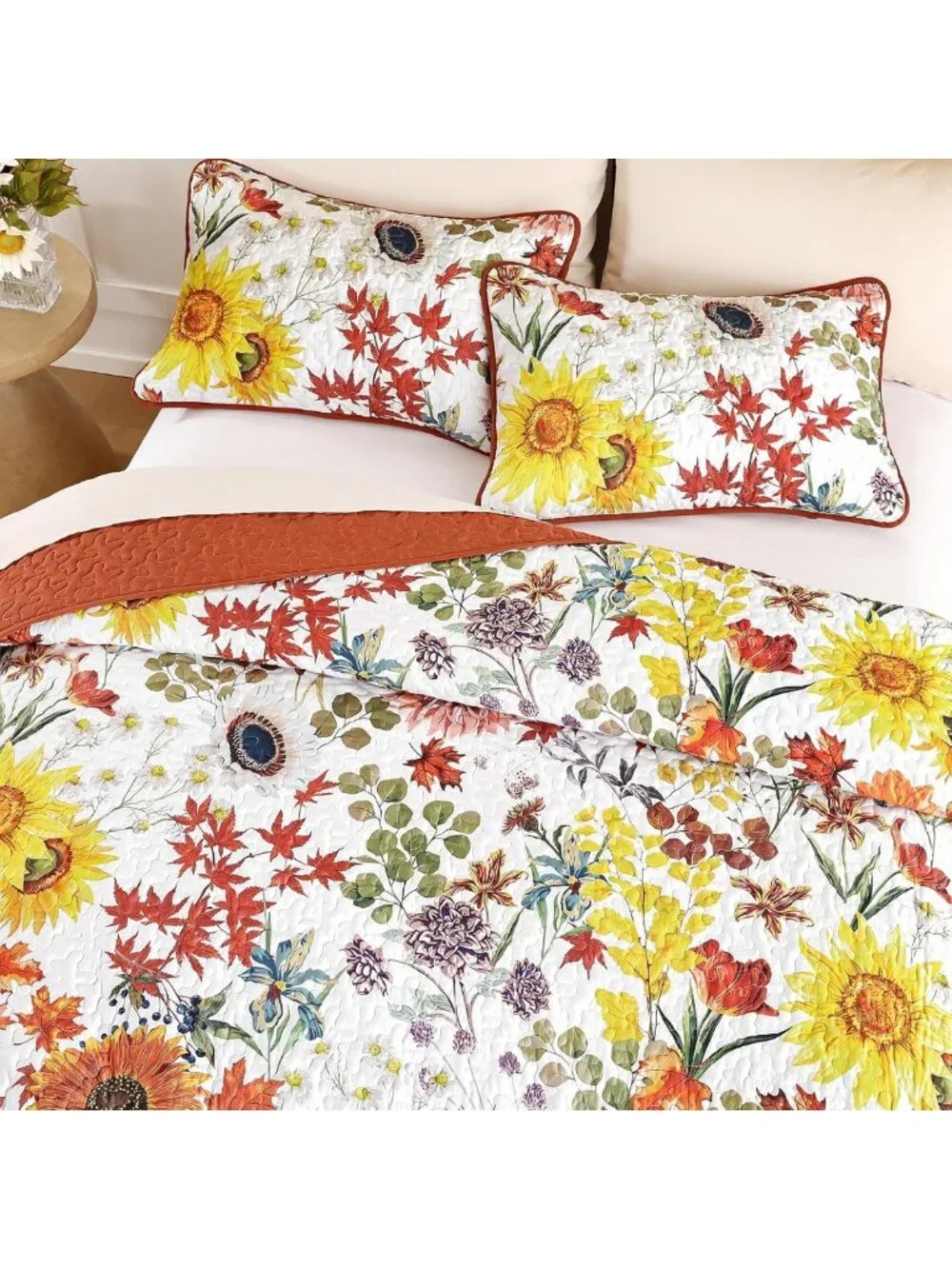 Queen Size Fall Floral Quilt Set - Orange Red Sunflower Bedding for Cozy Decor